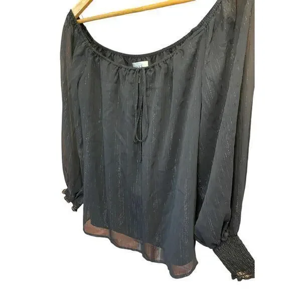 WAYF x BFF Sarah Silver Metallic & Black Off the Shoulder Top Sheer Long Sleeves - Picture 10 of 12
